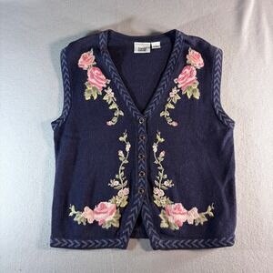 Lucia Womens Large Navy Blue Floral Embroidered Ramie Cotton Knit Sweater Vest